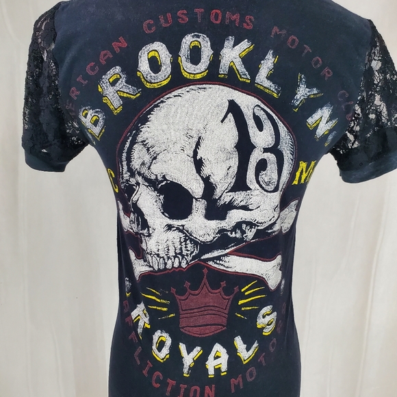 Affliction Women’s T-Shirt American Customs Motor Club Y2K Lace V-neck  Sz S - Picture 8 of 10